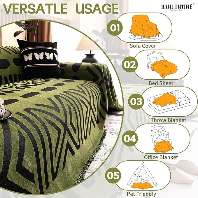 HANDONTIME Boho Couch Cover Geometric Striped Pet Covers for Couches and Sofas Olive Green and Black Dog Cover for Couch Pet Friendly Chenille Sectional Sofa Covers for Pets Washable, 71" X 118"