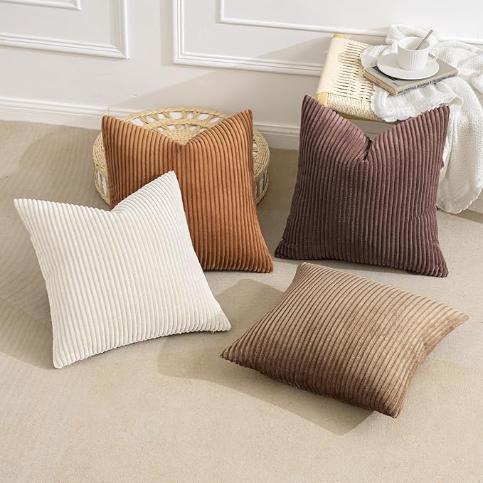 MIULEE Boho Farmhouse Throw Pillow Covers 24x24 Inch Set of 4 Rustic Mordern Neutral Cushion Covers Soft Corduroy Nordic Home Decor for Couch Bed Sofa Living Room Brown