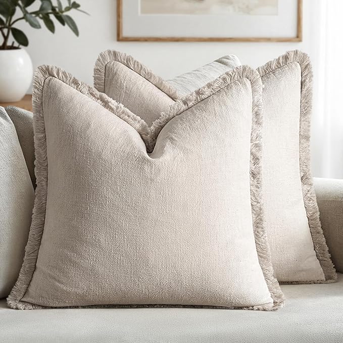 MIULEE Decorative Throw Pillow Covers Neutral Linen Fringe Throw Pillows Euro Shams Set of 2 Natural Beige Boho Farmhouse Cushion Covers for Couch Sofa Bed Living Room Spring Home Decor 24x24 Inch