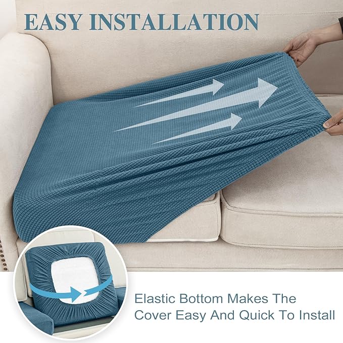 Couch Cushion Covers for Sectional Sofa L Shape Washable Separate Seat Chaise Couch Cover Stretch Sofa Slipcovers with 2 Pcs Pillowcases(2 Seater + 1 Chaise, Blue)