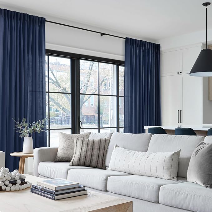 Navy Blue Curtains 102 inch Length for Bedroom Back Tab Light Filtering Semi Sheer Blue Living Room Curtains Linen Cotton Textured Indigo Blue Drapery Panel Modern Farmhouse Aesthetic Decor Dark Blue