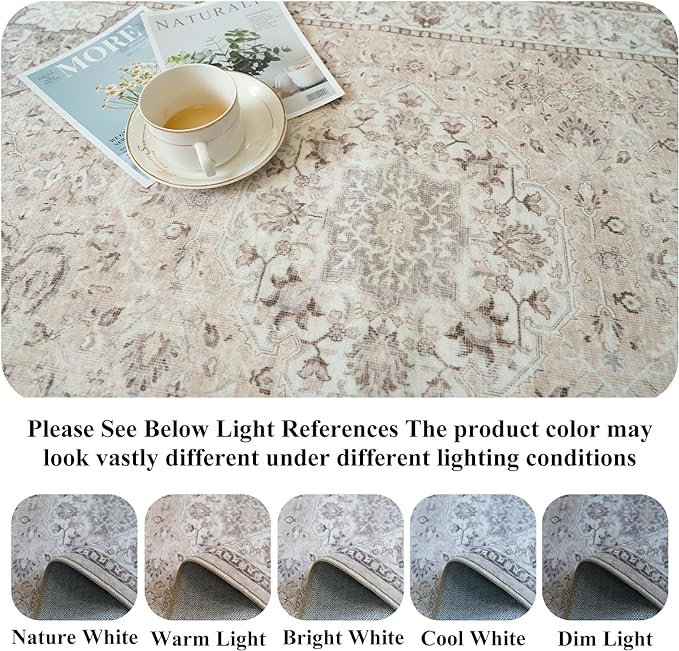 Washable Large 9x12 Area Rug - Living Room Oriental Non Slip Soft Rugs Indoor Low Pile Stain Resistant Carpet for Bedroom Dining Room Farmhouse Distressed Thin Home Decor Floor Mat (9x12 Beige)