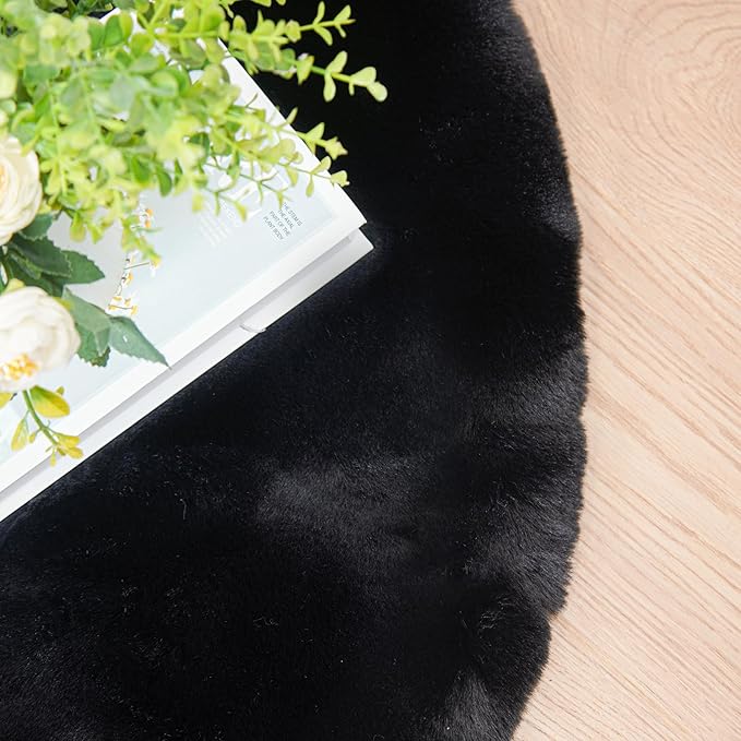 ORINOVA Black Rabbit Shaggy Fur Rug for Bedroom Washable Furry Circle Area Rugs for Living Room Kids Small Round Rug 3ft Nursery Rug