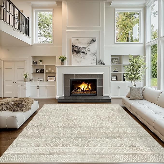 6x9 Area Rugs Washable Rug: Anti-Skid Abstract Modern Living Room Rug Soft Thin Carpets Indoor Floor Non-Shedding Carpet for Bedroom Dining Farmhouse Nursery Home Office (Beige/Light Brown, 6'x9')