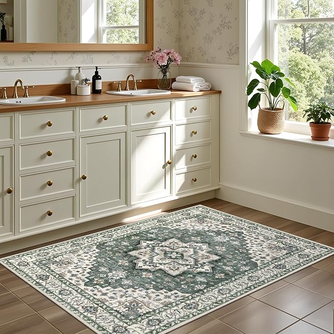 2x3 Area Rugs Living Room Rug: Washable Vintage Boho Medallion Rug No Slip Stain Resistant Soft Carpet Indoor Large Carpets for Bedroom Dining Room Farmhouse Nursery Hallway Home Office Green Ivory