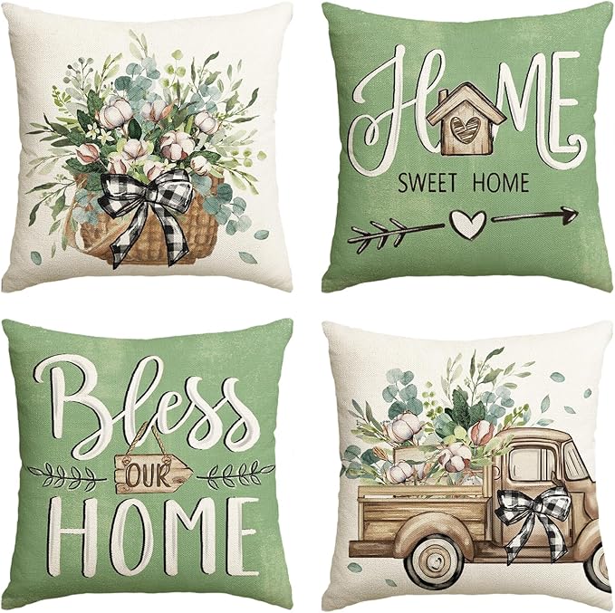 AVOIN colorlife Bless Our Home Farmhouse Eucalyptus Leaves Throw Pillow Covers, 16 x 16 Inch Green Truck Home Sweet Cushion Case Decorations Set of 4