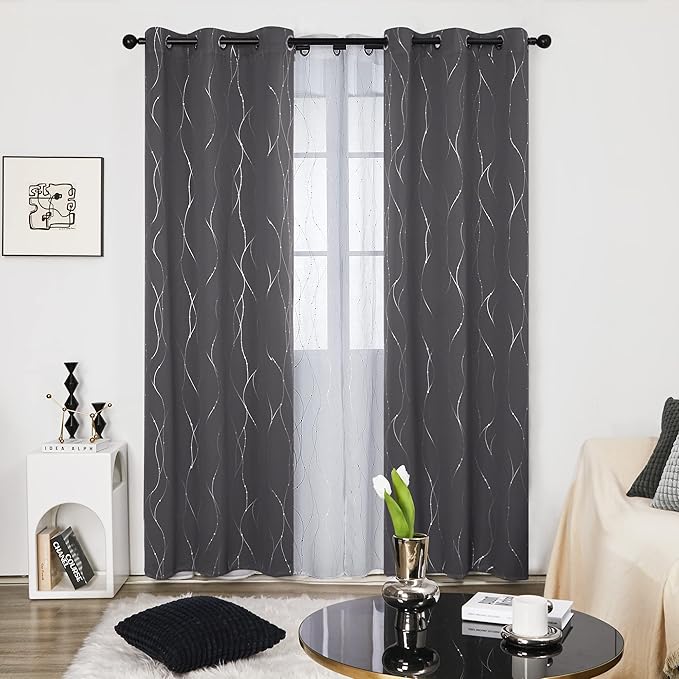 Deconovo Grey Blackout Curtains for Bedroom, Thermal Insulated Soundproof Drapes, Wave Dots Foil Print, 42 x 84 Inches Long, 2 Panels, Machine‑Washable Privacy Window Panel for Living Room Patio Door