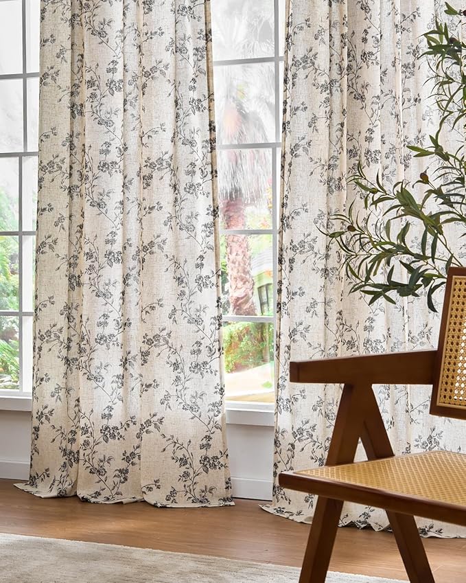 Lazzzy Farmhouse Linen Curtains Black Floral Curtains 84 Inch Length Back Tab Drapes for Living Room Bedroom Light Filtering Country Vintage Rod Pocket, 2 Panels, Black on Beige