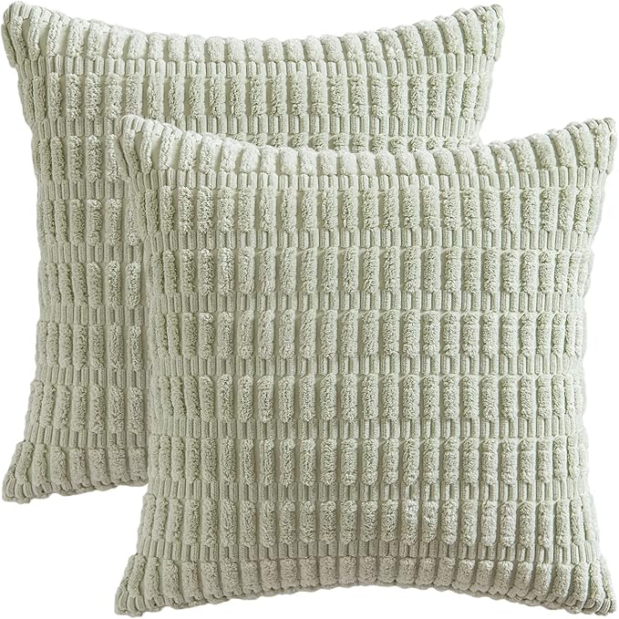 MIULEE Pack of 2 Spring Corduroy Decorative Throw Pillow Covers 16x16 Inch Soft Boho Striped Pillow Covers Modern Farmhouse Home Decor for Summer Sofa Living Room Couch Bed Light Green