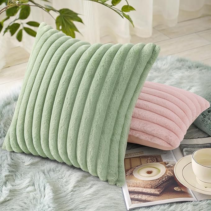 decorUhome Summer Cozy Faux Fur Throw Pillow Covers 18x18 Set of 2 Decorative Soft Plush Striped Modern Farmhouse Boho Couch Pillow Cases with Velvet Back for Sofa Bed Living Room, Sage Green