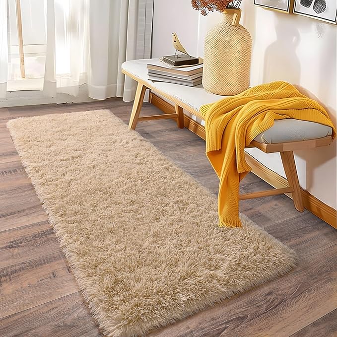 Soft Runner Rugs for Bedroom Hallways, 2x5 Beige Fluffy Shag Throw Area Rug Non Slip for Bedside Dorm, Long Shaggy Furry Carpet for Nursery Living Room