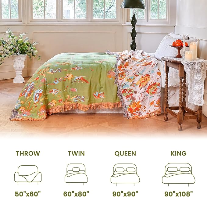 MSGKV Boho Throw Blanket 90"x90" Floral 100% Cotton Blanket with Flower and Butterfly for Bed Spring Breathable Lightweight Farmhouse Queen Blankets Home Decor Muslin