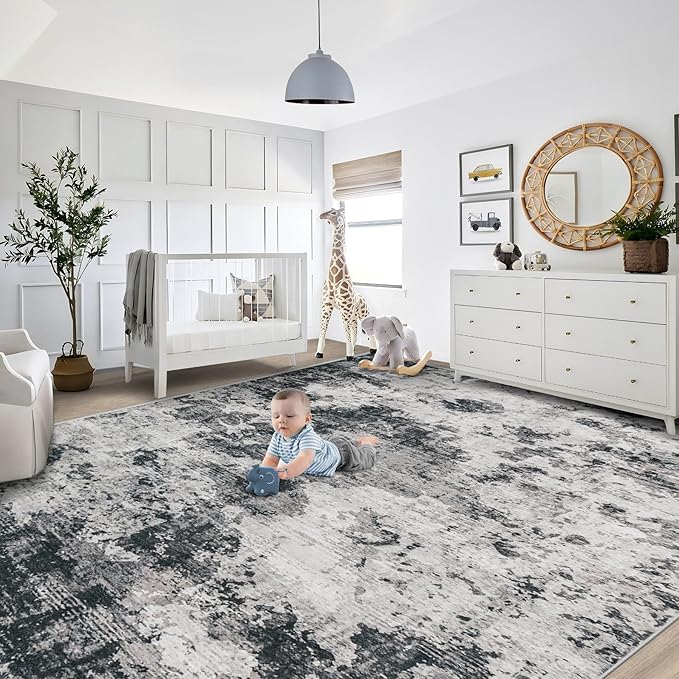 XLUEZ 9x12 Area Rug for Living Room, Washable Modern Abstract Large Area Rug Neutral Soft Non Slip Kids Rug Stain Resistant Indoor Carpet for Bedroom Dining Room Playroom Office(Black, 9'x12')