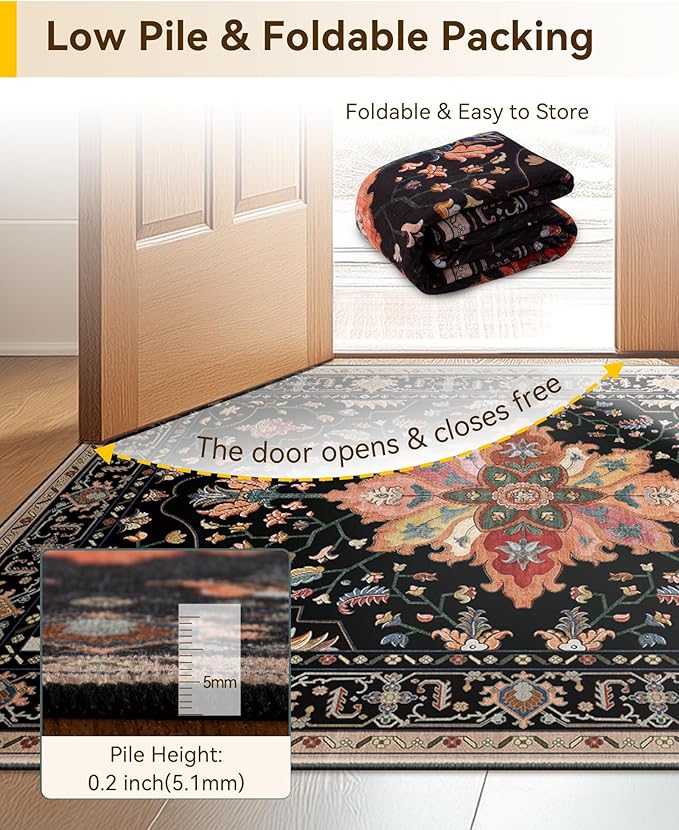 Area Rugs 3'x8' Runner Rug Non Slip Washable for Kitchen Hallway Bedroom Beside Laundry Room Bathroom Rug, Floor Carpet, Black Colorful Floral Dark Tan
