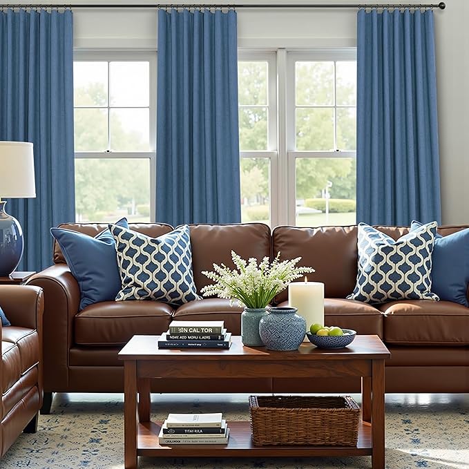Denim Blue Blackout Curtains & Drapes 84 Inch Length 2 Panels Set Faux Linen 100% Black Out Room Darkening Soundproof Country Blue Curtains for Bedroom Living Room Back Tab Pocket 52x84 Long Drapes