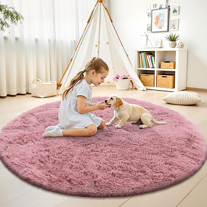 OLANLY Pale Pink Round Rugs for Bedroom - Machine Washable, 9 ft Circle Area Rugs for Living Room, Soft and Fluffy Shaggy Carpet for Teen Girls and Boys, Nursery Rooms, Dorms, Home Decor Aesthetic