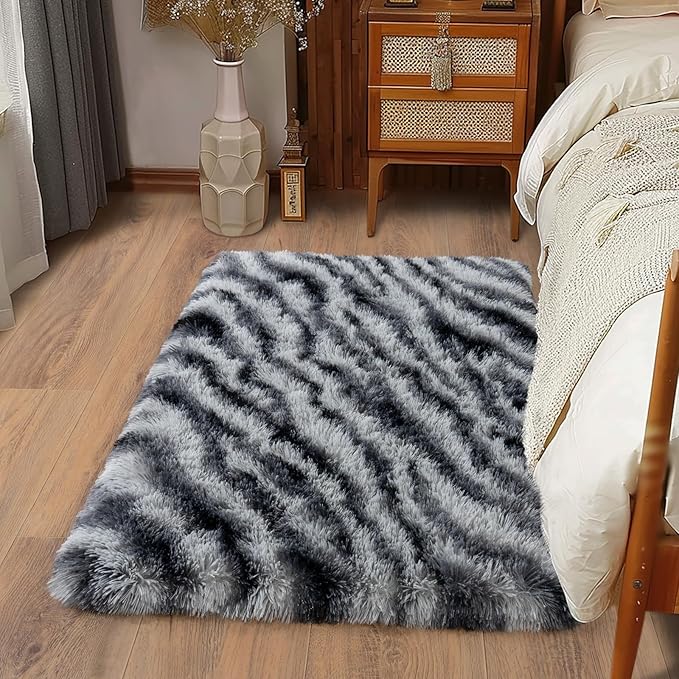 Soft Runner Rugs for Bedroom Hallways, 2x3 Black and White Fluffy Shag Throw Area Rug Non Slip for Bedside Dorm, Long Shaggy Furry Carpet for Nursery Living Room