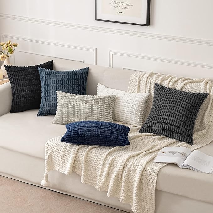 MIULEE Pack of 2 Corduroy Decorative Throw Pillow Covers 20x20 Inch Soft Boho Striped Pillow Covers Modern Farmhouse Home Decor for Summer Coastal Sofa Living Room Couch Bed Blue