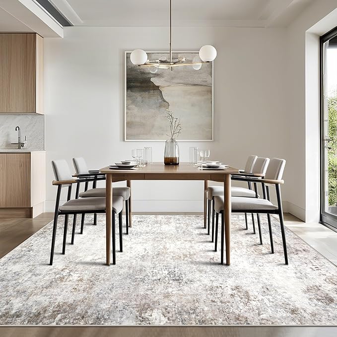 Washable Rugs 5x7 Area Rugs for Living Room,Modern Abstract Rugs for Bedroom,Large Carpets,Ultra Soft Faux Wool Retro Dining Room Rug,Non Slip&Non-Shedding Low Pile Print Rug- Beige Grey