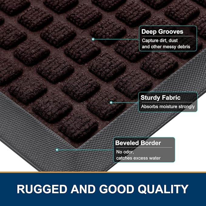 Smiry Front Door Mat Outside Entrance, Heavy Duty Natural Rubber Doormat, Non Slip, Trap Dirt and Moisture, Easy Clean, Low Profile Welcome Floor Mats for Indoor Outdoor Entry, 35x23 Inch, Brown