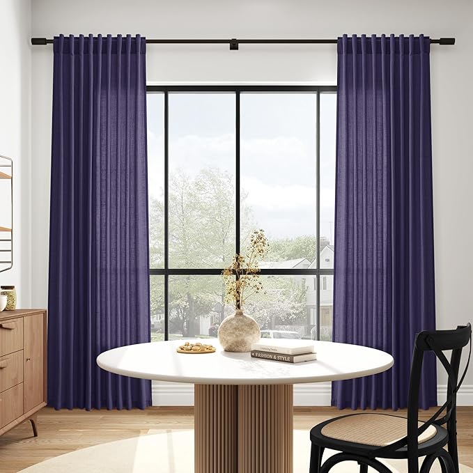 Extra Long Curtain Purple Morden Linen Blend Light Filtering Back Tab Curtains for Long Winodws 120 Inches Length, Semi Sheer Privacy Drapes for Living Room, 52x120 inch, 2 Panels