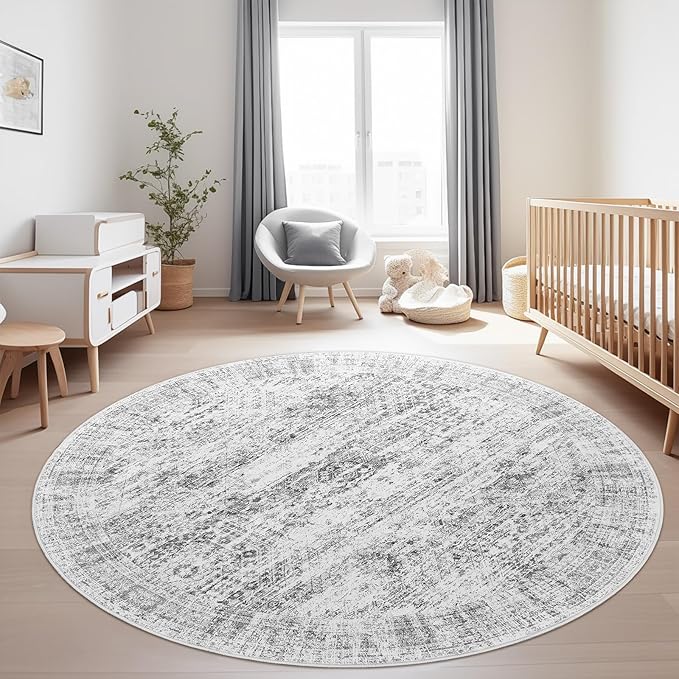 6x6 Grey Round Rug 6ft Living Room Circle Rug Gray Vintage Round Area Rug Non Slip Indoor Carpet for Dining Room Bedroom