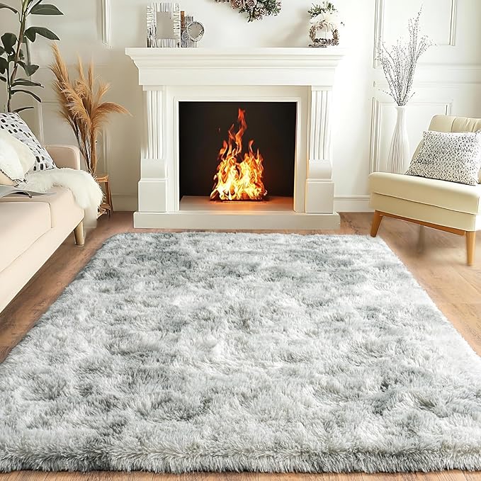 Pionblank Super Fluffy Area Rug for Living Room 5x7 Feet, Modern Indoor Shaggy Carpet, Soft Plush Non Slip Rugs for Bedroom Kids Room Cloakroom Home Decor, Tie Dye Grey