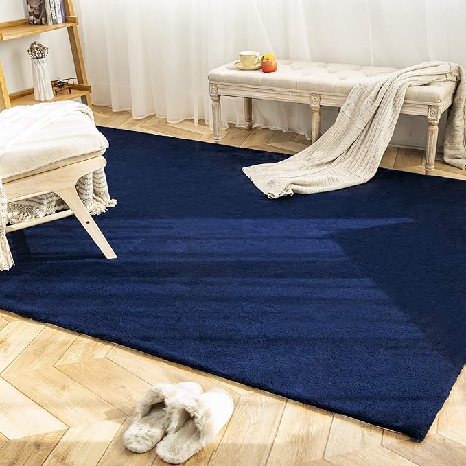 Ashler Faux Fur Rug, Ultra Soft Faux Rabbit Fur, Dark Blue Area Rugs, 6 x 9 Feet Rectangle, Machine Washable Nursery Decor Throw Rugs for Bedroom, Kids Room, Living Room
