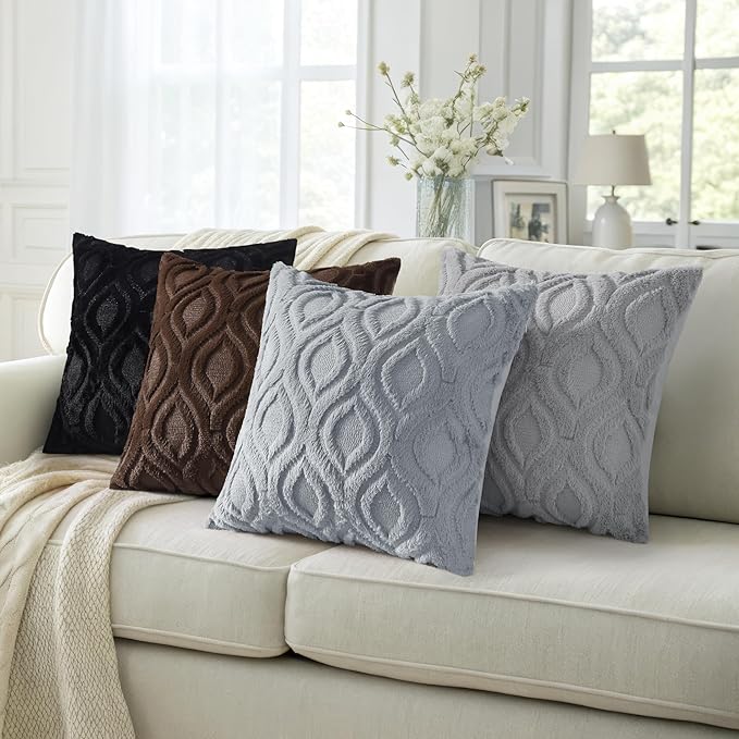 decorUhome Throw Pillow Covers 24x24 Inch Set of 2, Soft Plush Faux Wool Grey Solid Couch Pillow Covers, Accent Euro Sham Farmhouse Neutral Square Pillow Cases for Sofa Bed Living Room