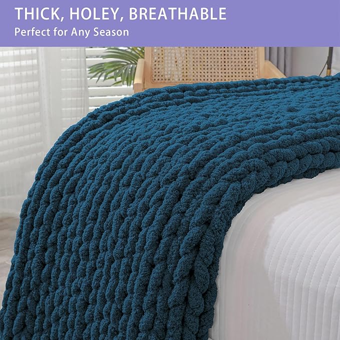Bigacogo Chunky Knit Throw Blanket for Couch, 40x60 inches, 100% Hand Knitted with Thick Jumbo Chenille Yarn, Cozy Soft Large Rope Knot Cable Crochet Blankets for Sofa Bed Living Room, Deep Sea Blue