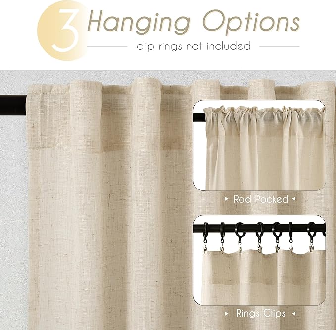 Greyish Beige Linen Curtain 102 inch Length 2 Panels Set Back Tab Light Filtering Living Room Curtain Drapes Home Office Modern Minimalist Decor Farmhouse Boho Neutral Semi Sheer Curtain 102 inch Long