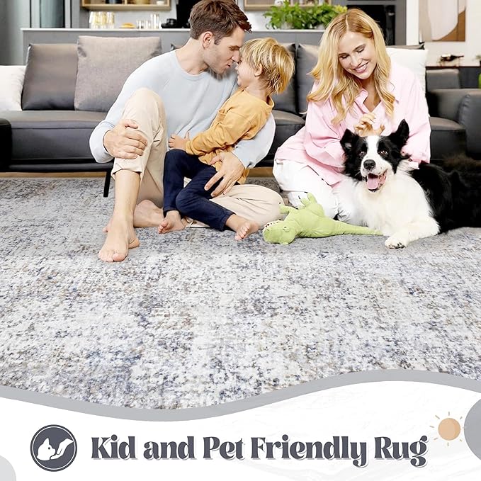 XLUEZ 9x12 Area Rug for Living Room, Washable Modern Abstract Large Area Rug Neutral Soft Non Slip Kids Rug Stain Resistant Indoor Carpet for Bedroom Dining Room Playroom Office(Bluegrey, 9'x12')
