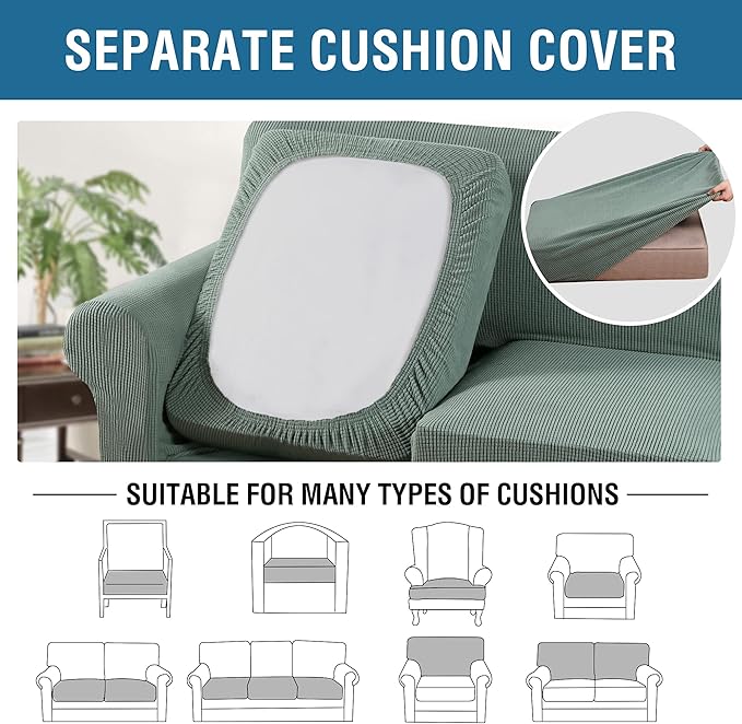 H.VERSAILTEX 3 Piece Stretch Sofa Covers for 2 Cushion Loveseat Couch Covers for Living Room Sofa Slipcovers (Base Cover Plus 2 Seat Cushion Covers) Thicker Jacquard Fabric(Medium Sofa, Sage)
