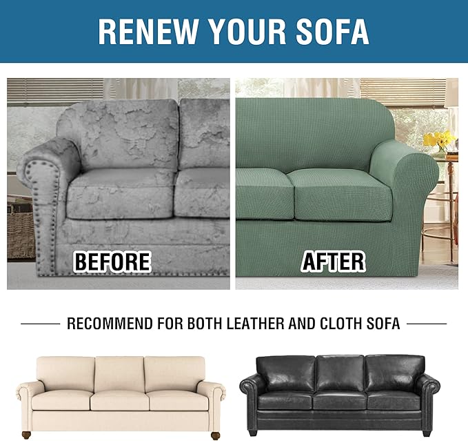 H.VERSAILTEX 4 Piece Stretch Sofa Covers for 3 Cushion Couch Covers for Living Room Furniture Slipcovers (Base Cover Plus 3 Seat Cushion Covers) Upgraded Thicker Jacquard Fabric (XL Sofa, Loden Frost)