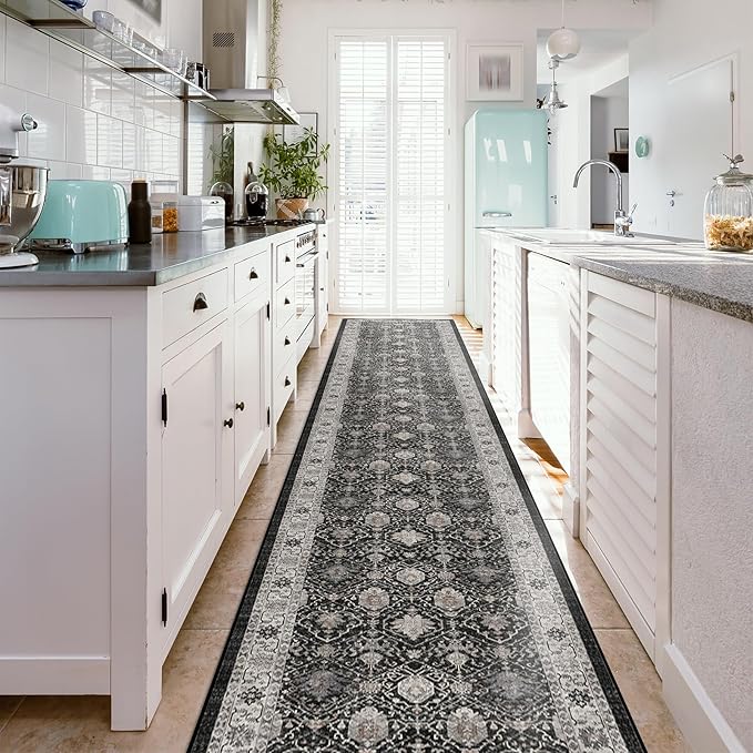 Hallway Washable Runner Rug - 2'6x14 Kitchen Rugs Entryway Rug Runner Vintage Soft Floor Mat Non Slip Indoor Farmhouse Carpet for Bathroom Living Room Bedroom (2'6''x14', Black)