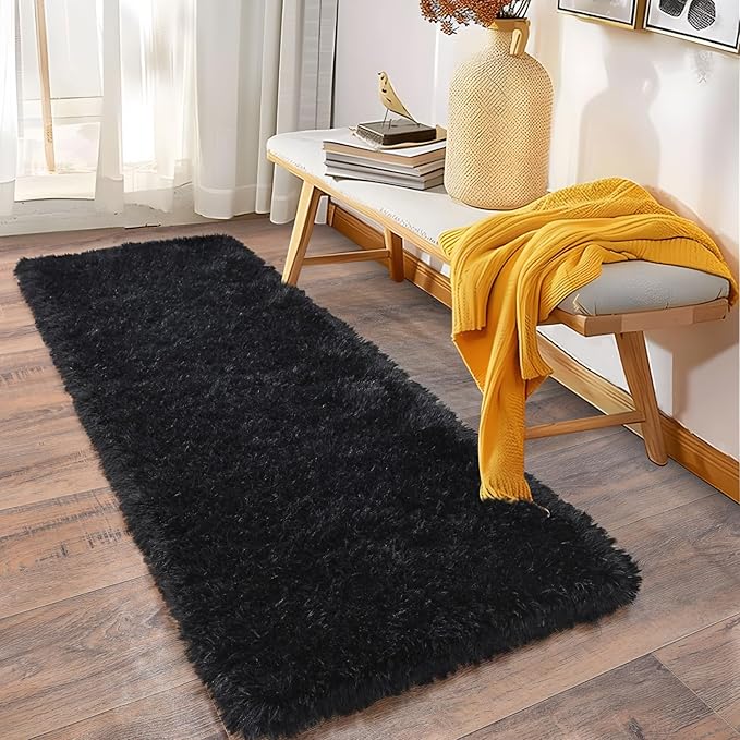 Fluffy Shag Runner Rugs for Bedroom Hallways, 2x8 Black Long Soft Throw Area Rug Non Slip for Bedside Dorm, Shaggy Furry Carpet for Nursery Living Room Home Decor