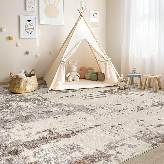 UERMEI 5x7 Area Rug Living Room Rugs - Washable Neutral Modern Abstract Soft Thin Rug Indoor Floor No Slip Rug Carpet for Bedroom Under Dining Table Home Office Decor - Brown/Grey/Beige