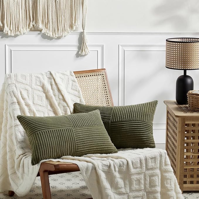 Fancy Homi 2 Packs Olive Green Lumbar Decorative Throw Pillow Covers 14x22 Inch for Living Room Couch Bed, Farmhouse Boho Home Decor, Soft Striped Corduroy Rectangle Accent Cushion Case 35x55 cm