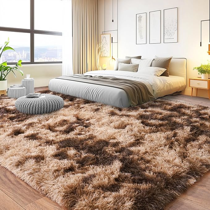 Pionblank Large Area Rug for Living Room 10x14, Fuzzy Modern Shag Rug Brown, Fluffy Plush Non Slip Soft Furry Carpet for Bedroom Kids Room Nursery Teens Dorm Home, Tie-Dyed Coffee