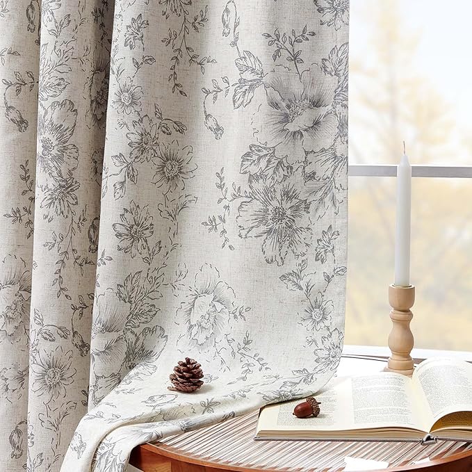 jinchan Blackout Floral Curtains for Living Room Bedroom Linen Blend Curtain Farmhouse Grey Printed with Lined Back Tab Rod Pocket Drapes Window Treatments 2 Panels 90 Inch Gray