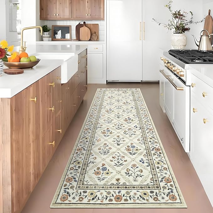 Washable Kitchen Rugs Non Slip 2x6 Hallway Runner Rug Stain Resistant Low Pile Floral Floor Rug with Rubber Backing Non Shedding Runners for Indoor Entryway Bedside Bedroom Farmhouse RV Beige Sand