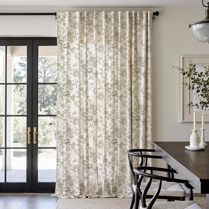 jinchan Linen Floral Curtains 100 Inch Extra Wide for Patio Sliding Glass Door Room Divider Curtain for Living Room 108 Inch Length Farmhouse Peony Green Printed Curtain Set 1 Panel
