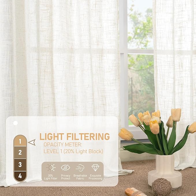 LAMIT 48 Inch Short Window Linen Curtains, Light Filtering Panels Back Tab and Rod Pocket Neutral Drapes for Cafe/Bathroom/Loft Room, Cream Ivory, 2 Panels, 34 x 48 Inch