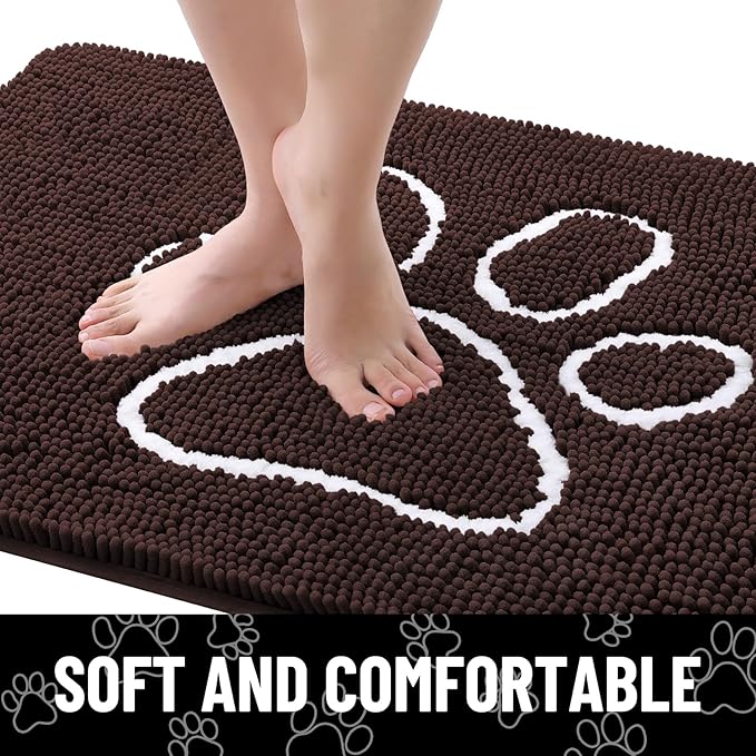 Smiry Dog Door Mat for Muddy Paws, Absorbent Dirt Trapper Non Slip Quick Dry Washable Chenille Mat for Mud Dogs, Entry Rug for Indoor and Outdoor (70x35 Inches, Brown and White)