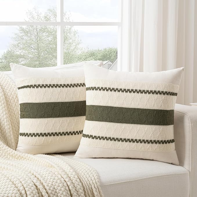 Fancy Homi Set of 1 Boho Olive Green Big Decorative Throw Pillow Cover 24x24 Inch for Couch Bed Bedroom, Aesthetic Modern Organic Farmhouse Room Decor, Soft Cotton Accent Macrame Woven Cushion Case