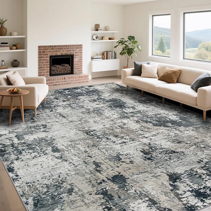 9x12 Area Rug for Living Room, Washable Modern Abstract Large Area Rug Neutral Soft Non Slip Kids Rug Stain Resistant Indoor Carpet for Bedroom Dining Room Playroom Office(GreyWhite, 9'x12')