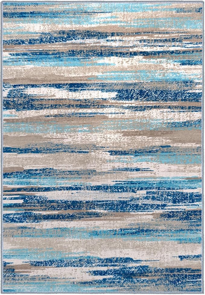 Lansny Modern Abstract 8x10 Large Machine Washable Living Room Rug Non-Slip Soft Bedroom Area Rug Blue Ultra Thin Print Faux Wool Carpet Throw Rugs for Nursery Playroom Dining Room Indoor Office
