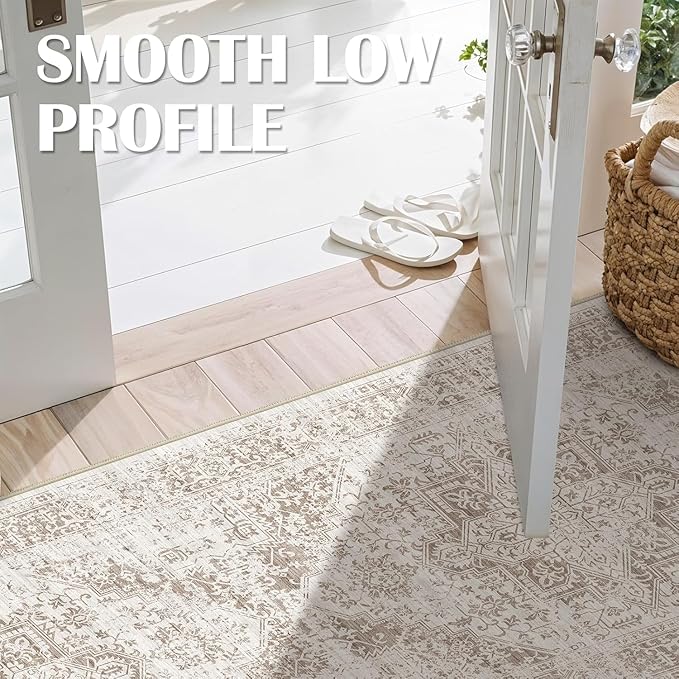 3x25 Washable Hallway Runner Rug - Vintage Kitchen Runners Low Pile Carpet Soft Thin Floor Runner with Rubber Backing for Entryway Living Room Home Decor (Cream/Camel)