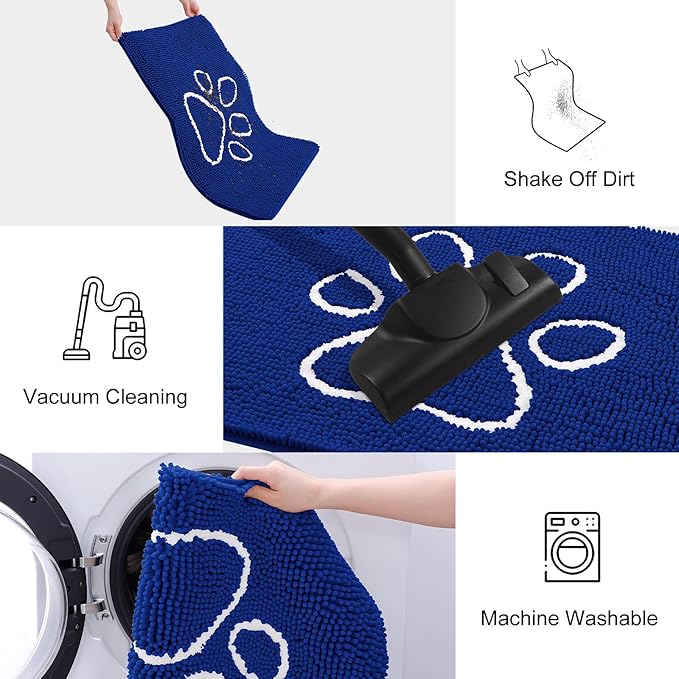 Smiry Dog Door Mat for Muddy Paws, Absorbent Dirt Trapper Non Slip Quick Dry Washable Chenille Mat for Mud Dogs, Entry Rug for Indoor and Outdoor (36x24 Inches, Royal Blue and White)