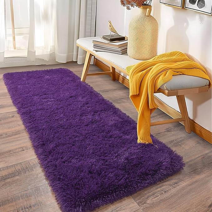 Soft Runner Rugs for Bedroom Hallways, 2 Packs 2x6 Purple Fluffy Shag Throw Area Rug Non Slip for Bedside Dorm, Long Shaggy Furry Carpet for Nursery Living Room